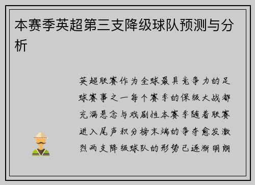 本赛季英超第三支降级球队预测与分析