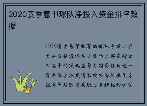 2020赛季意甲球队净投入资金排名数据
